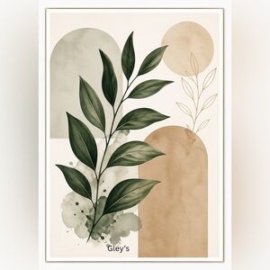DDF download Green Leaf Botanical Art Print with Neutral Geometric Accents